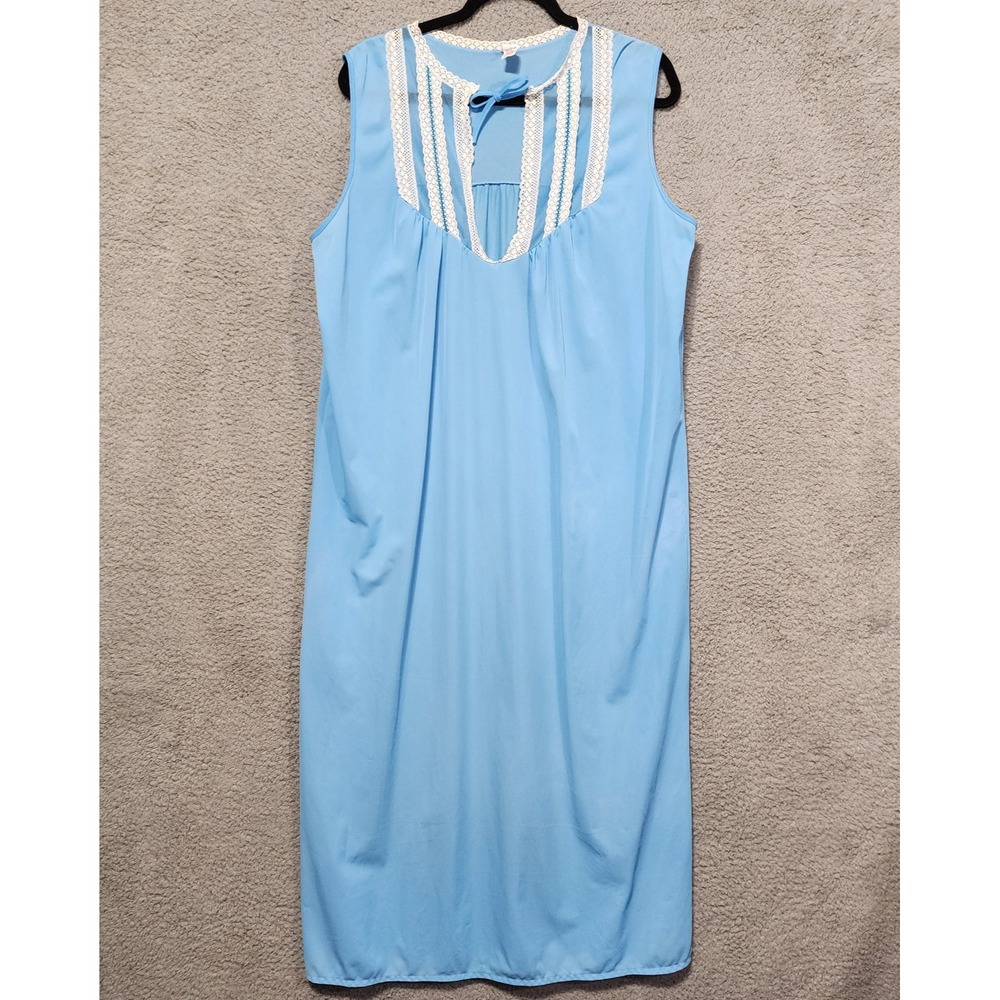 Vintage Union Made Womens Maxi Nightgown Dress Blue Size‎ 44 Large XL 60's Lace